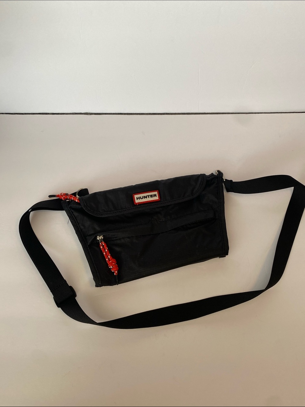 Hunter Black Belt/Crossbody Bag with Adjustable Strap and Red Accents